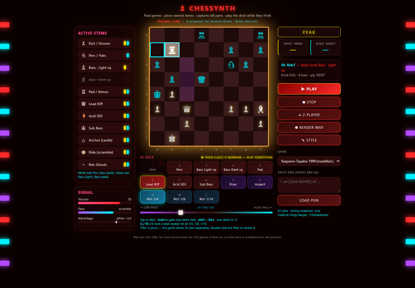 Chessynth playing a game: chessboard, live stem rack and move list
